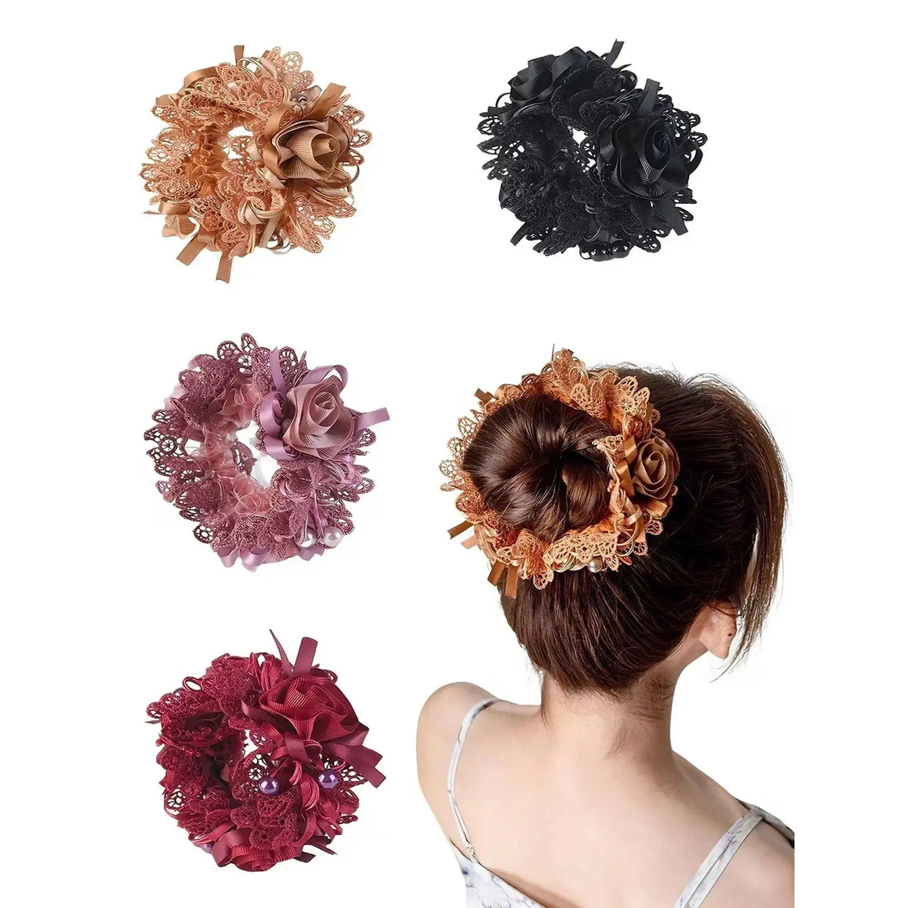 4pcs Soft Lace Scrunchies for Hair, 3 Inch Big Elastic Hair Ties, Rose and Pearl Silky Scrunchie for Women, Stylish Summer Hair Accessories, Floral Hairbands