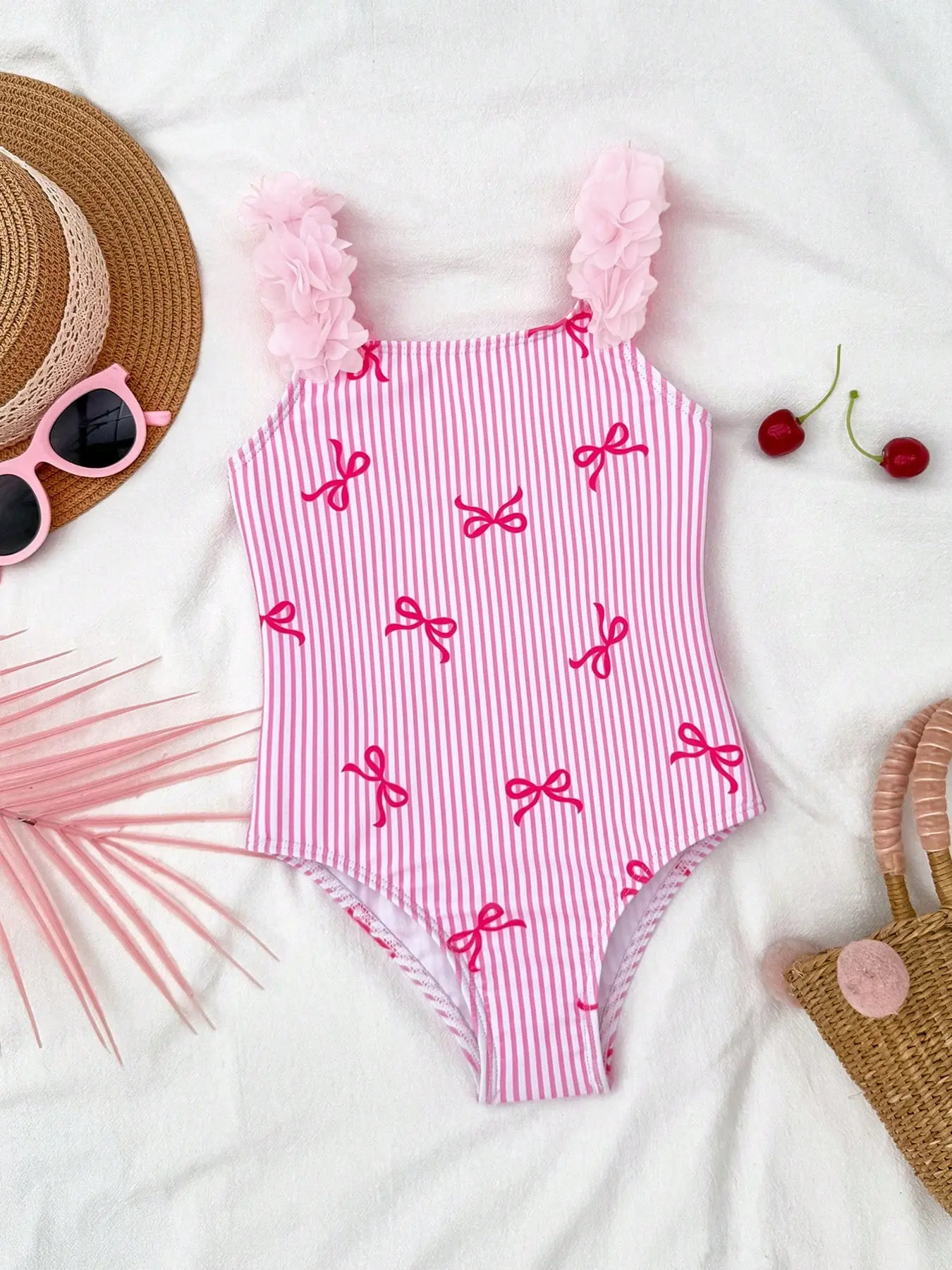 Girls' Knit Striped Bow Design 3D Floral One-Piece Swimsuit, Butterfly Swimsuit, Striped One-Piece Swimsuit, Girls' Swimwear, Toddler Swimsuit, Toddler Bathing Suit