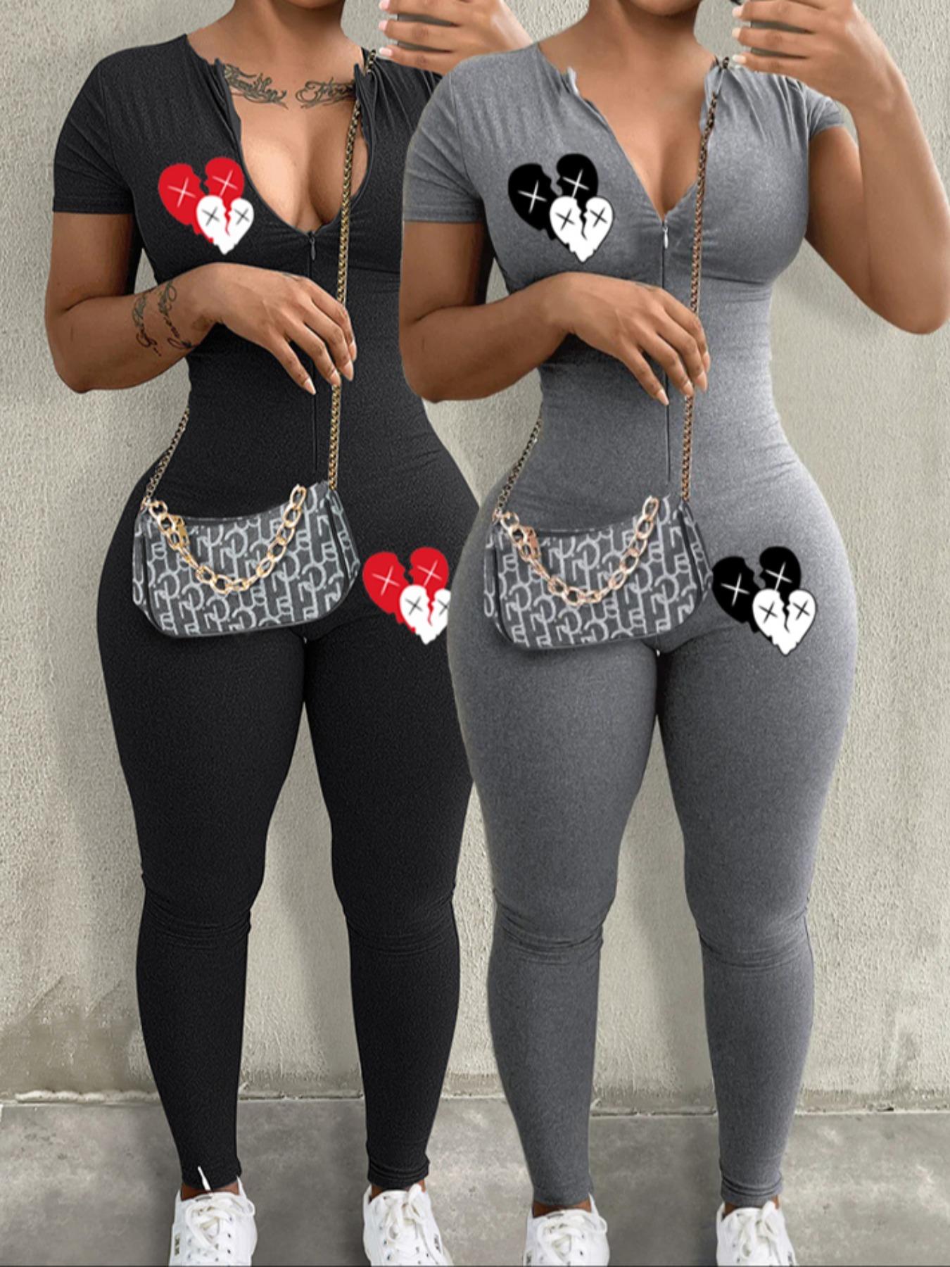 Women's Heart Print Short Sleeve Jumpsuit, Casual Comfy Bodycon Jumpsuit for Summer, Fashion Women's Clothes for Daily Wear