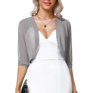 Women 3/4 Sleeve Sheer Shrugs Open Front Mesh Bolero Cropped Cardigan S-XXL(Gift)
