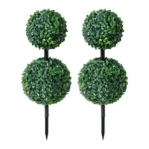 26.5" Artificial Double Boxwood Plant with Integrated Ground Stake (Indoor/Outdoor) - Set of 2, Elegant Artificial Plants, UV Resistant Faux Potted Plants for Home, Garden, Patio, Balcony & Front Porch Decor