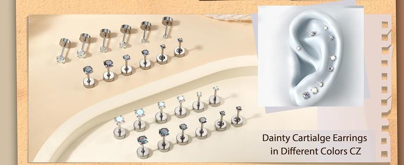 CASSIECA 12Pairs 20G Stainless Steel CZ Stud Earrings for Women Men Cartilage Helix Earrings Set Round Cubic Zirconia Screw Flat Back Stud Piercing
