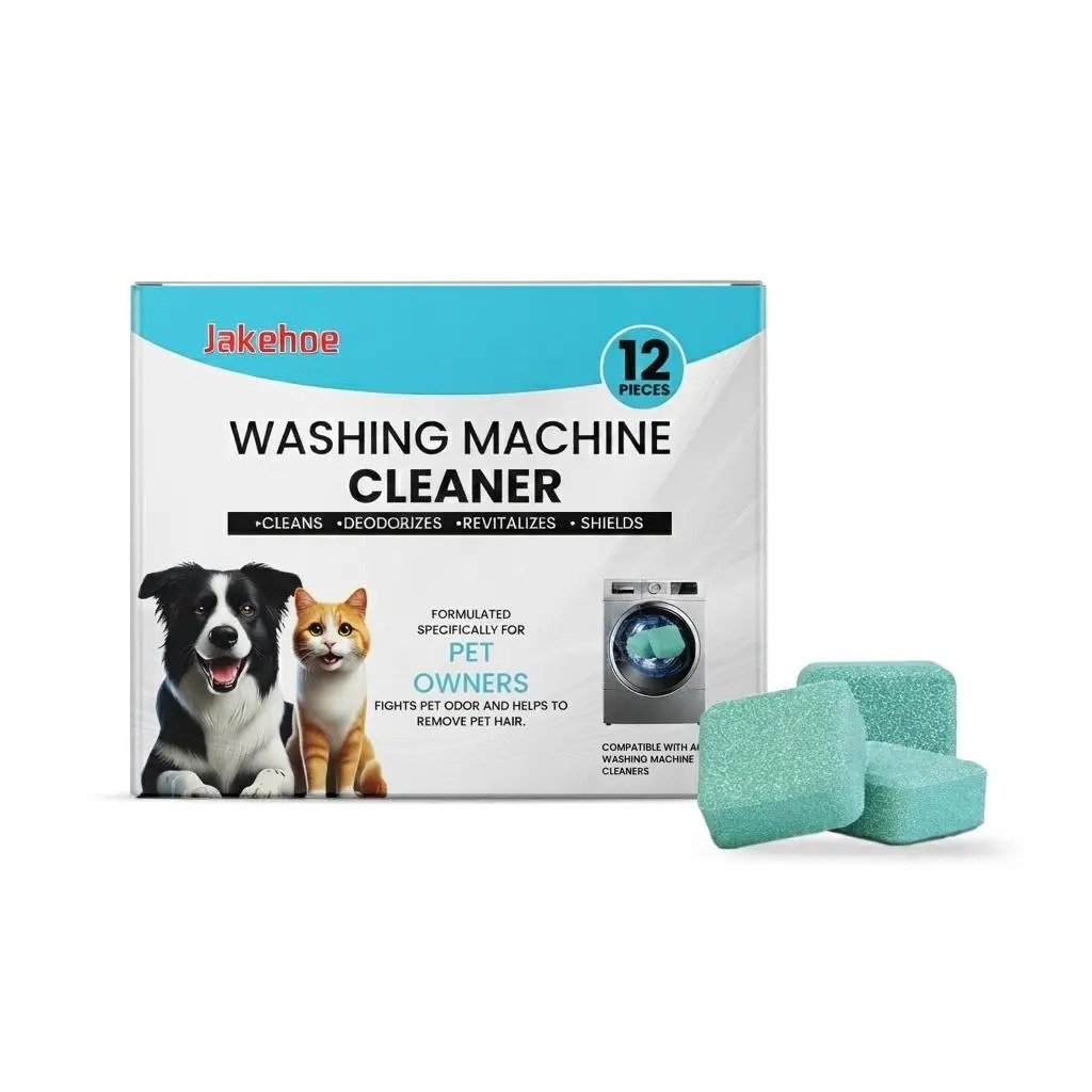 Jakehoe Washing Machine Cleaner Tablets 12 count formulated for pet owners fragrance free neutralizes pet odors removes pet hair buildup safe for septic systems dissolves dirt and residue