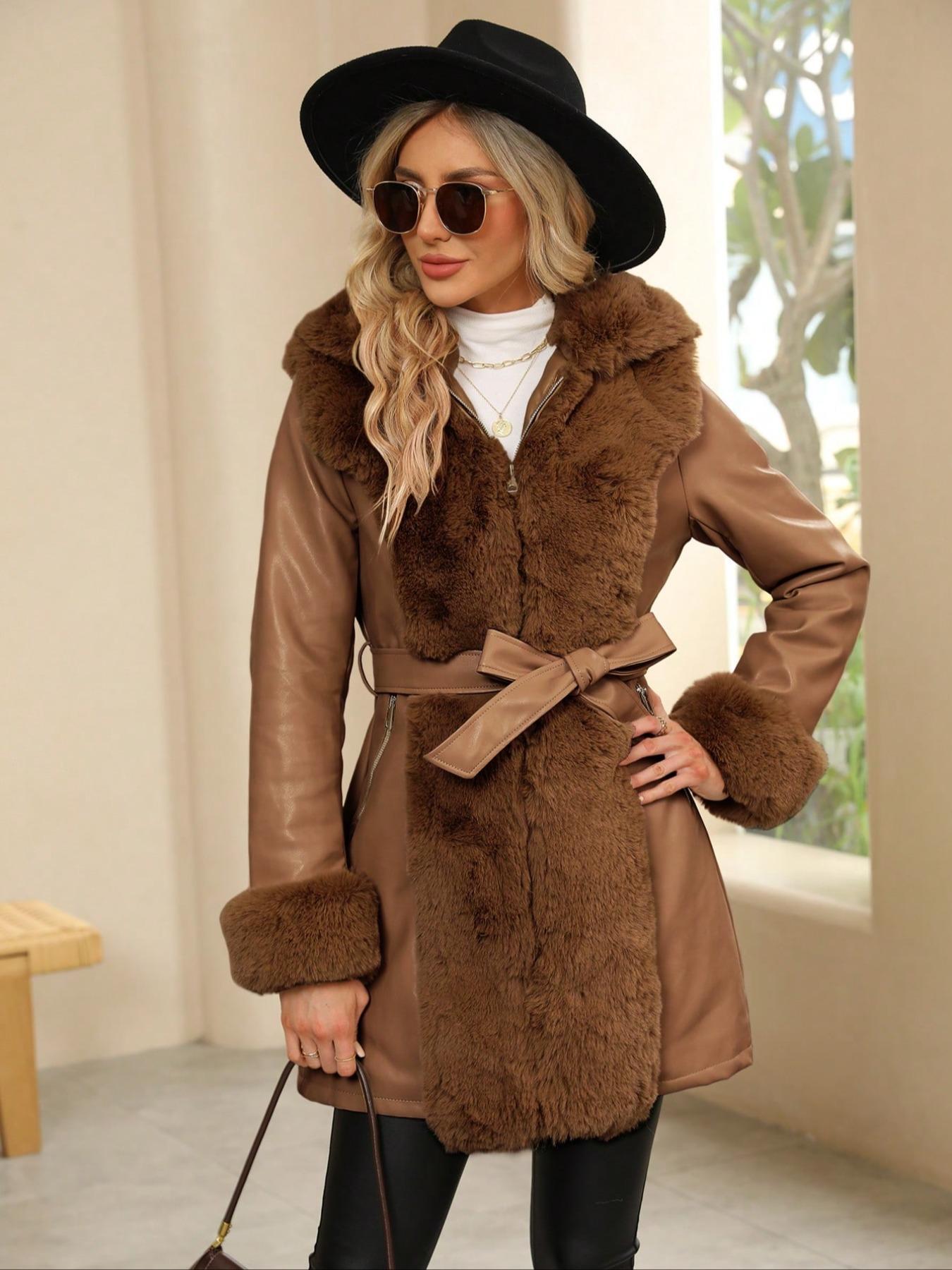 Women's Winter Faux Fur Coat with Belt, PU Patchwork Hooded Jacket, Elegant Casual Warm Waistcoat for Fall & Winter