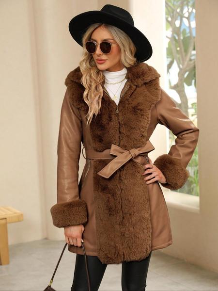 Women's Winter Faux Fur Coat with Belt, PU Patchwork Hooded Jacket, Long Sleeve Fitted Casual Warm Outerwear for Fall & Winter
