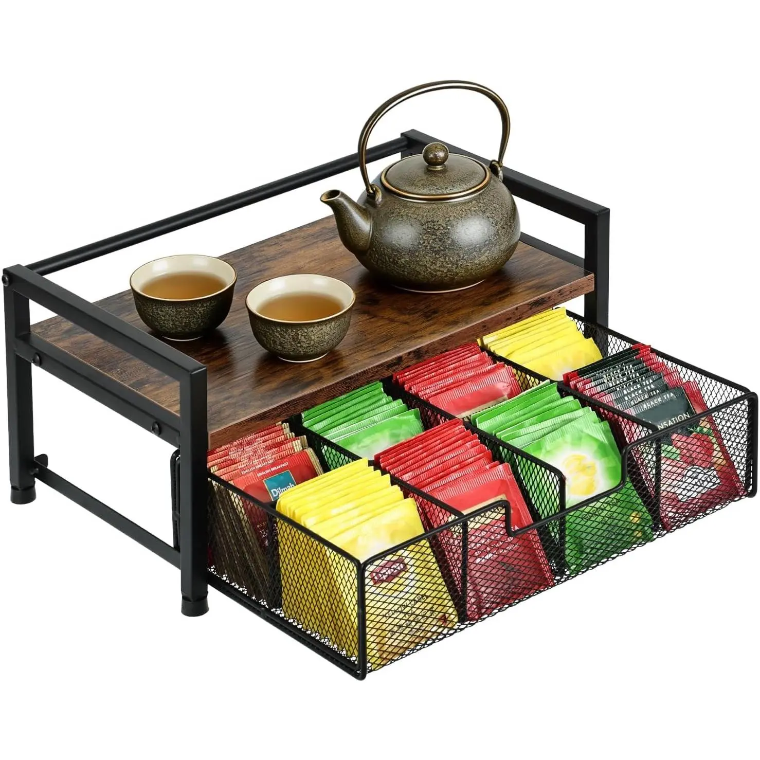 Tea Bag Organizer - 13"×7.9"×6.4" Wooden Tea Bag Holder with 8-Compartment Pull-Out Metal Mesh Drawer, Anti-Fall Guardrail Teabag Organizers and Storage Chest for Kitchen & Desk Countertop