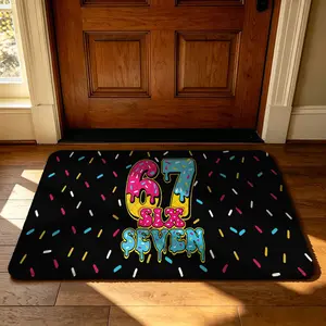 A rectangular indoor floor mat with the number 67 and the slogan "SIX SEVEN". The mat features a sweet donut design, with an anti-slip border made of soft felt and silicone. It can be machine-washed and is suitable for use as a door mat to prevent
