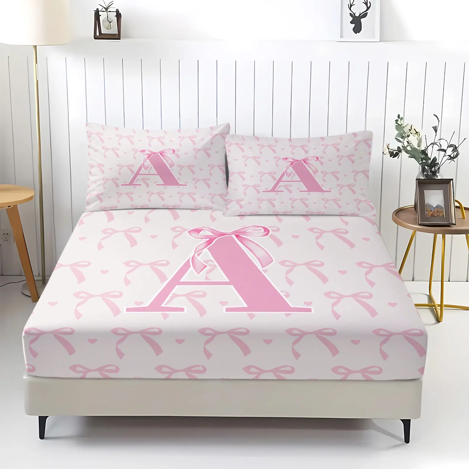 Pink Bow Letter A~Z Pattern Fitted Sheet Set, 3Pcs Coquette Aesthetic Bedding Set, All-Round Deep Pocket, Machine Washable, Perfect for Bedroom Decor. 2 Pillowcase, No Filling