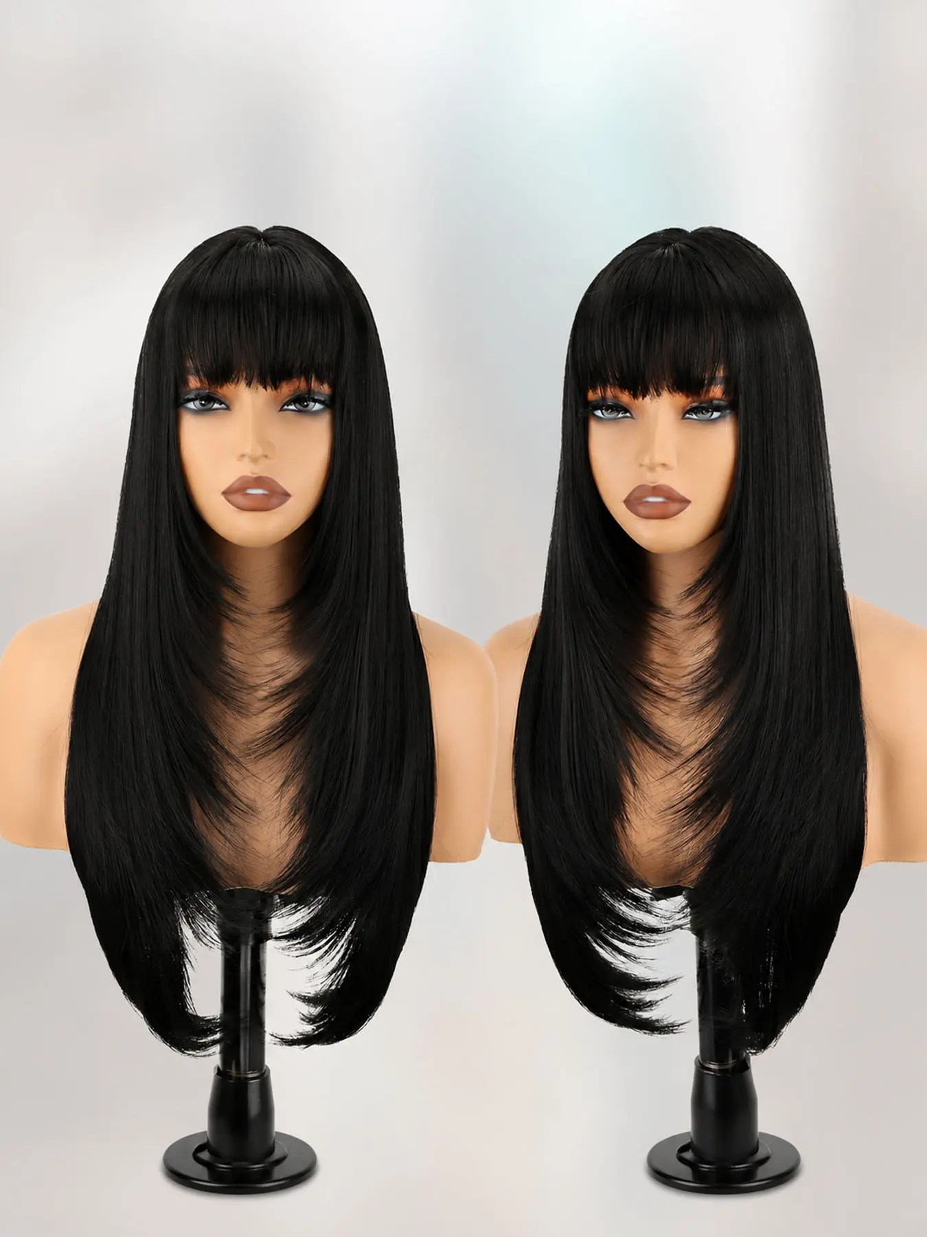 Black Long Straight Layered Wig with Bangs for Women 24 inch Put on Go Realistic Synthetic Heat Resistant Natural Wig for Girls Party Cosplay and Daily Use