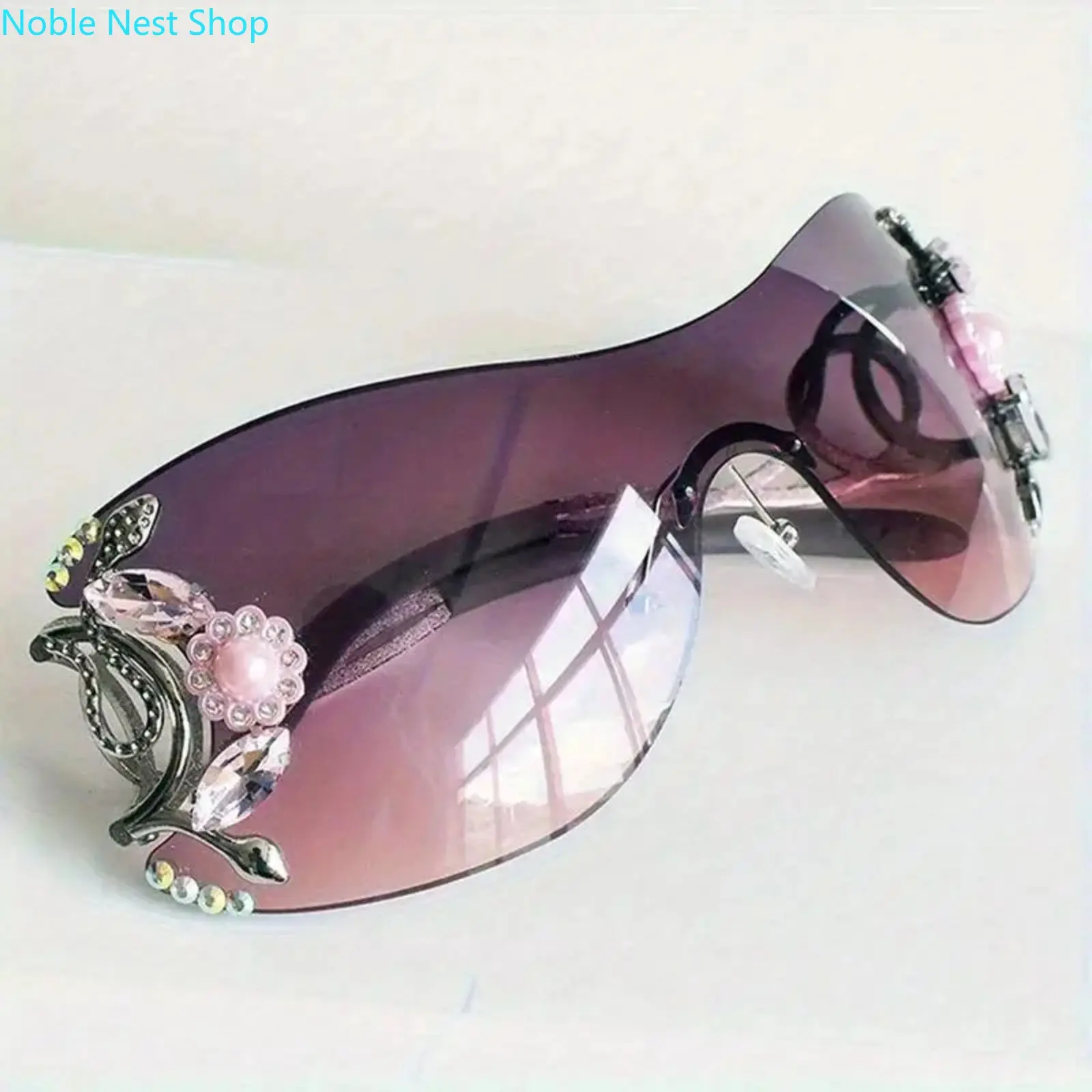 Women’s Rimless Oversized Rhinestone Sunglasses Gradient Purple Pink Lenses Titanium Frame Y2K Floral Bling Statement Shades Daily Street Vacation
