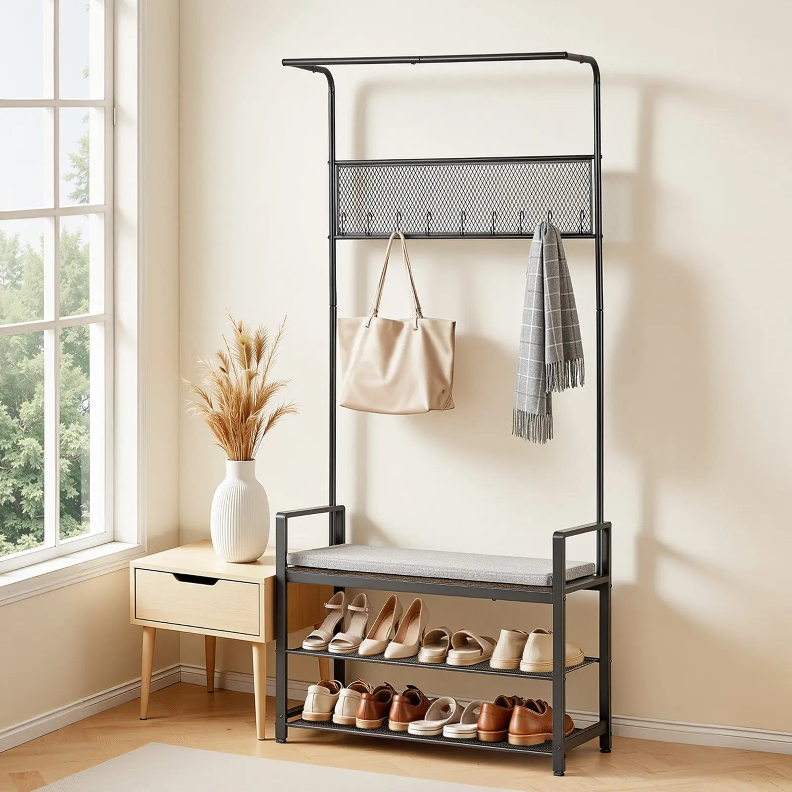 【Summerfinds】VEVOR 72 In Sturdy Space-Saving Hall Tree Clothes Organizer, Freestanding Coat Rack with Adjustable Hanging Rod, 2-Tier Shoe Bench, Multi-Tier Wire Shelf, Hooks, Anti-Tip Strap, Wall-Mounted Storage for Entry, Bedroom, Multiple Tiers
