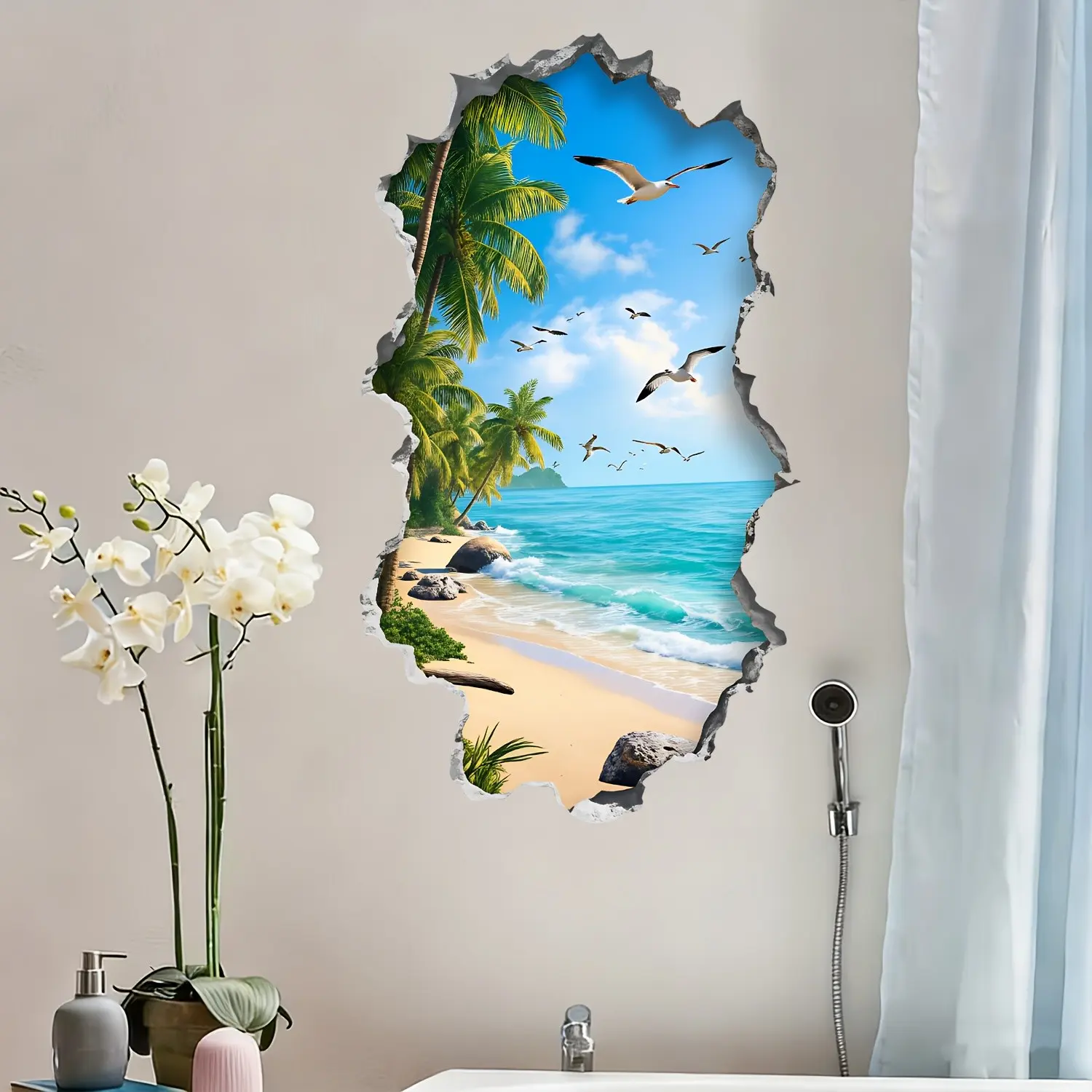 Island Coconut Tree Wall Sticker, Creative Hole Effect Tropical Sea View Wallpaper Decal, Self-Adhesive Removable, for Living Room Bedroom Bathroom Corridor Decor