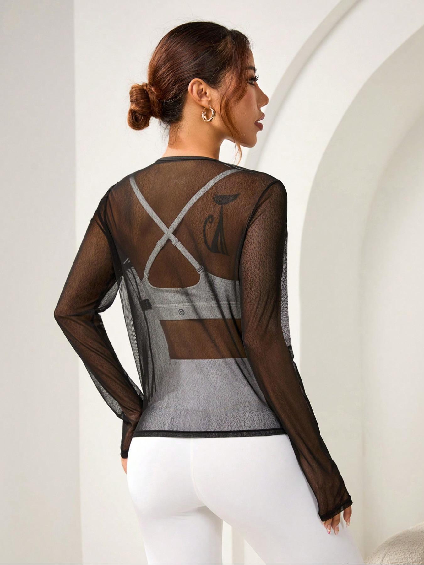 Women's Solid Sheer Round Neck Mesh Sports Tee without Bra, Long Sleeve Crew Neck T-shirt for Daily Outdoor Wear, Ladies Sportswear for All Seasons, Soft Polyester Top