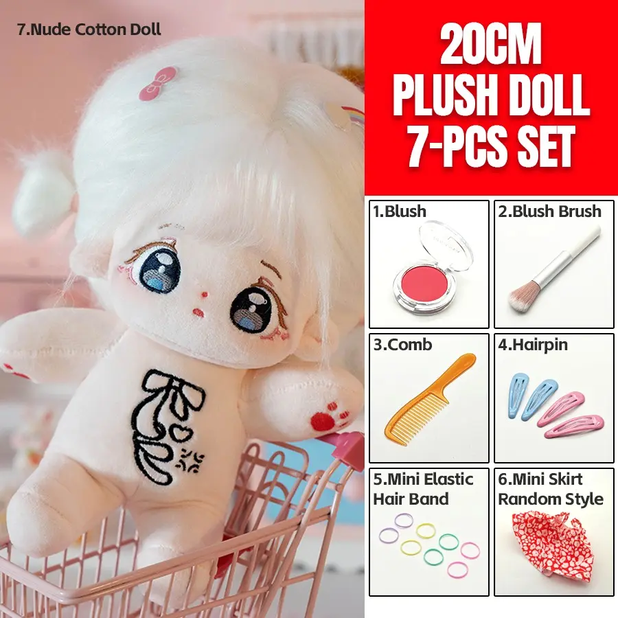 20cm Plush Cotton Doll DIY Set - Complete 7-Piece Set with Bare Doll, Blush Powder, Blush Brush, Comb, 2 Pairs Hair Clips, 8 Elastic Hair Ties & Cute Floral Dress - Kawaii Dress-Up Toy Gift for Girls, DIY Craft Enthusiasts & Doll Collectors