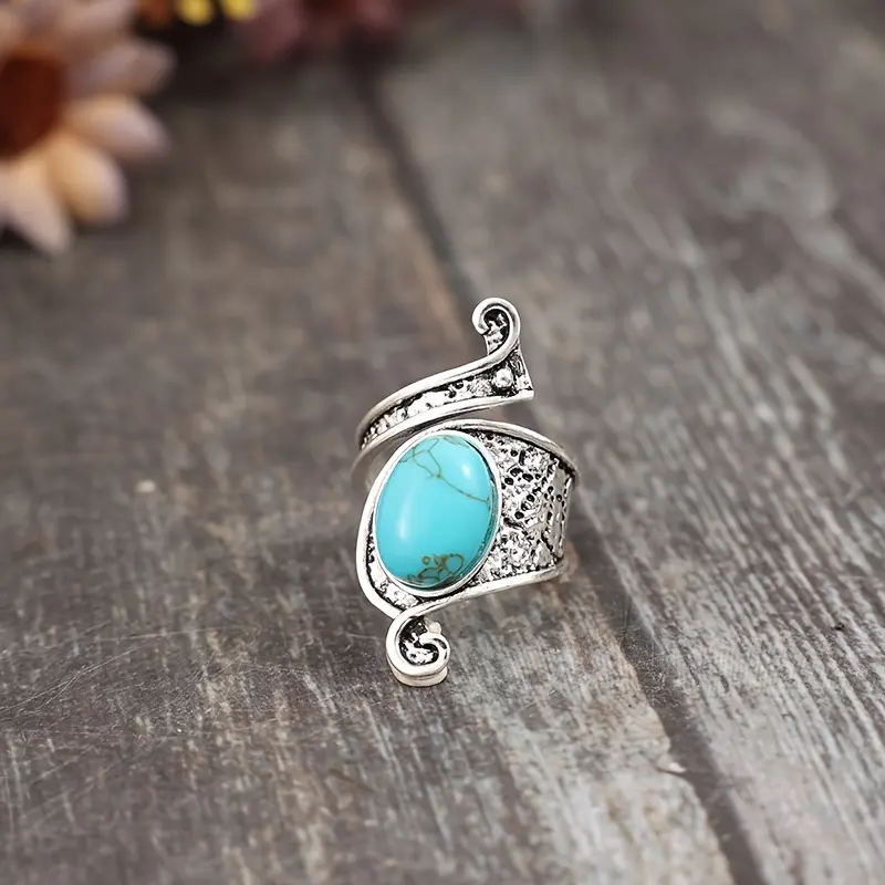 Men's Vintage Bohemian Ring, Inlaid Synthetic Turquoise Water Drop Stone, Adjustable Open Alloy Band for Daily Wear, Inlay, Male Rings, Open Band, Synth Turquoise, Retro Rings