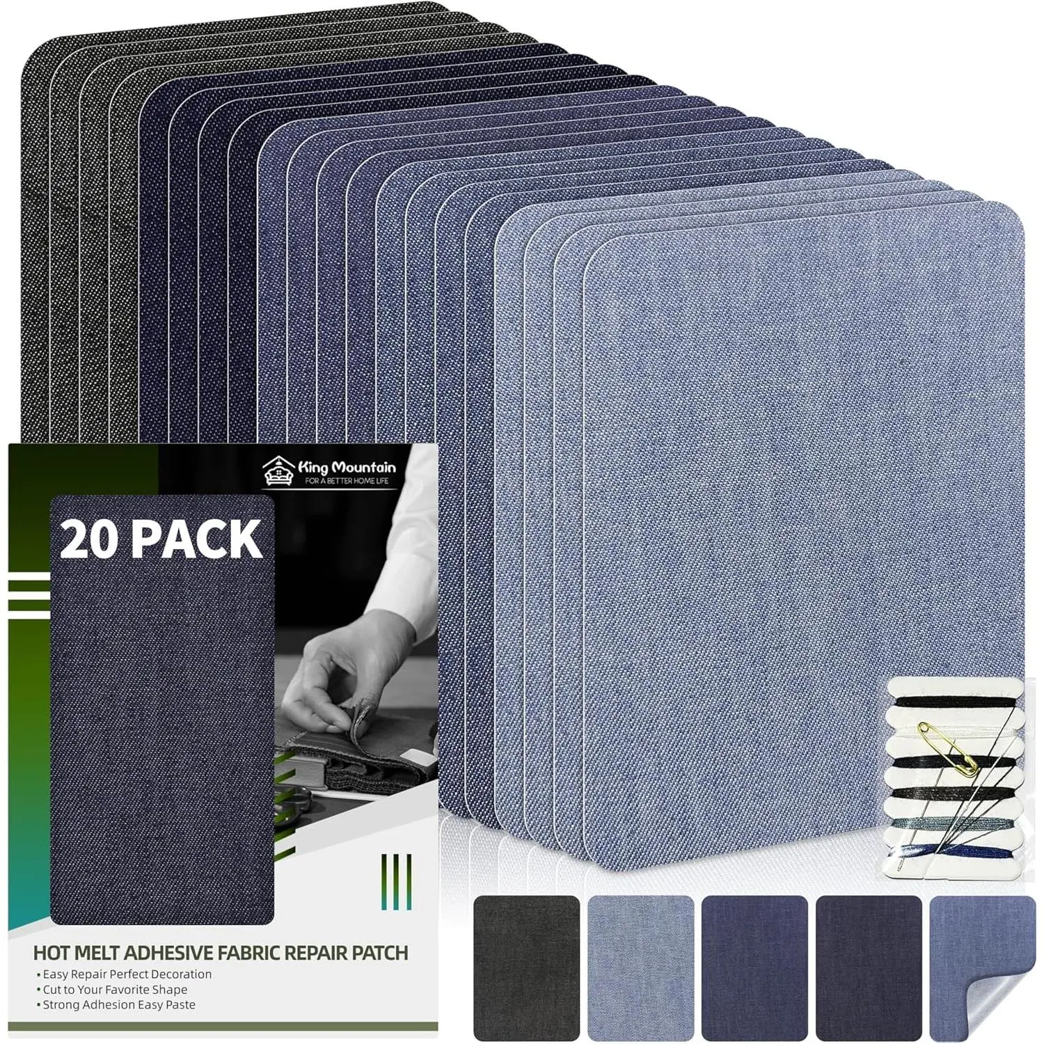 20 Pcs Iron-on Repair Patch 100% Cotton Denim Patches Kit for Jeans 3" by 4-1/4", for Jeans and Clothing Repair and Decoration, Five Color 1.0