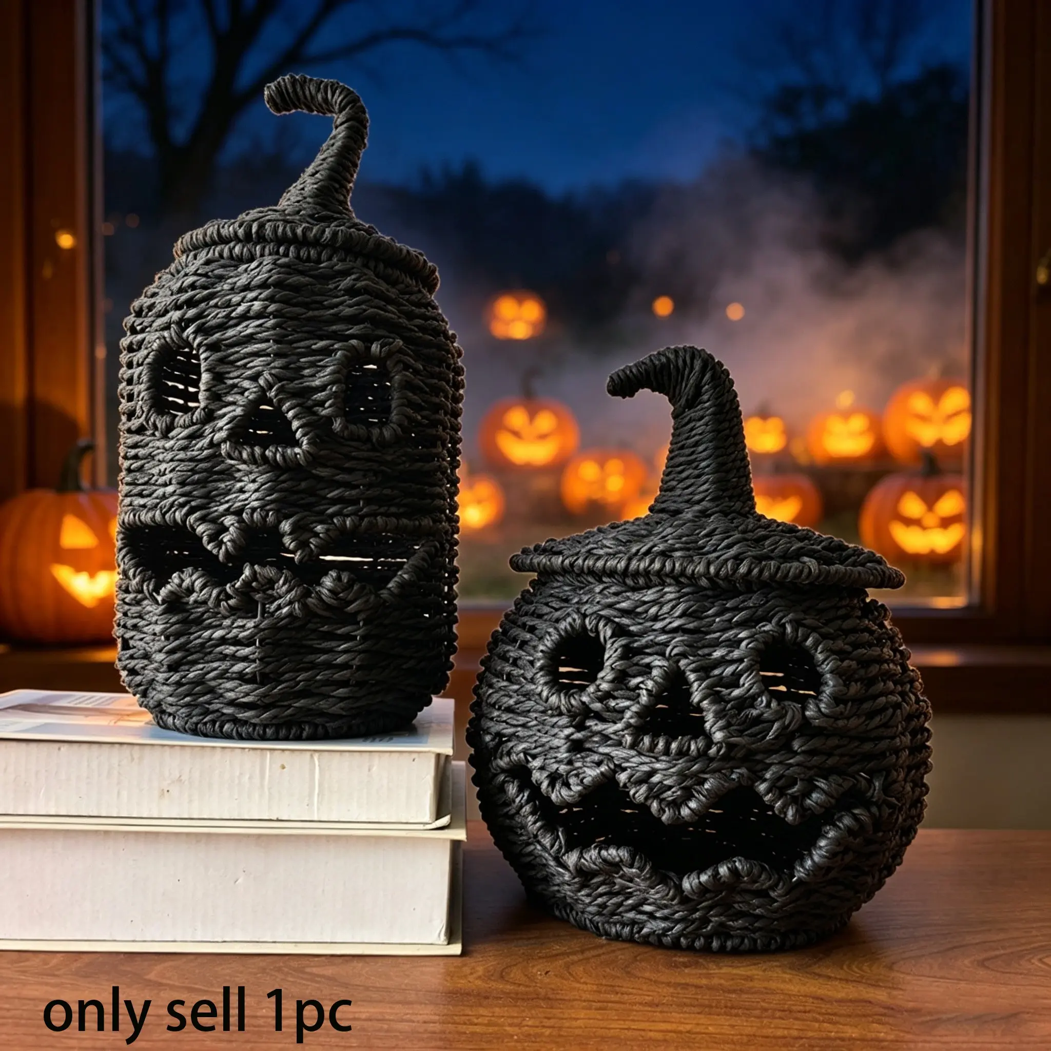 Handmade Straw Halloween Pumpkin Lantern（No candles）, Indoor Party Decor, Desktop Ornament, Candle Holder, Festive Smile Design, Home Decoration
