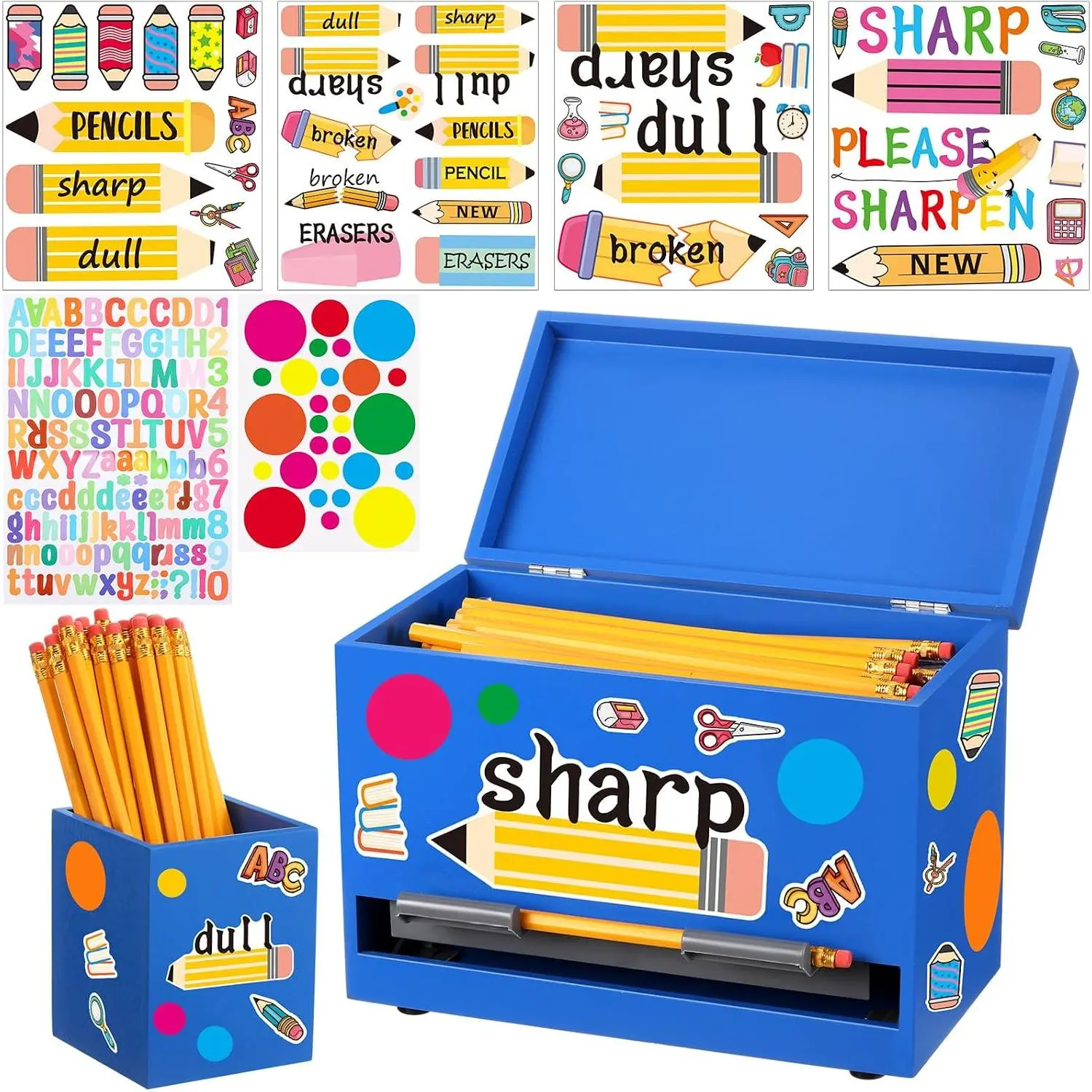 Classroom Wooden Pencil Dispenser Kit with  Dull Labels, Royal Blue |  Pencil Organizer Holder, Straw Dispenser, Teacher Classroom Supplies for  to School Organization Storage