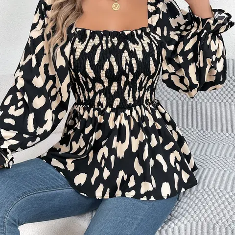 Women's Leopard Print Animal Shirt Square Neck Blouse, Square Neckline Design, Casual Classy Top, Casual Fashion Long Sleeve Top for Spring & Fall, Women's Clothes for Daily Wear