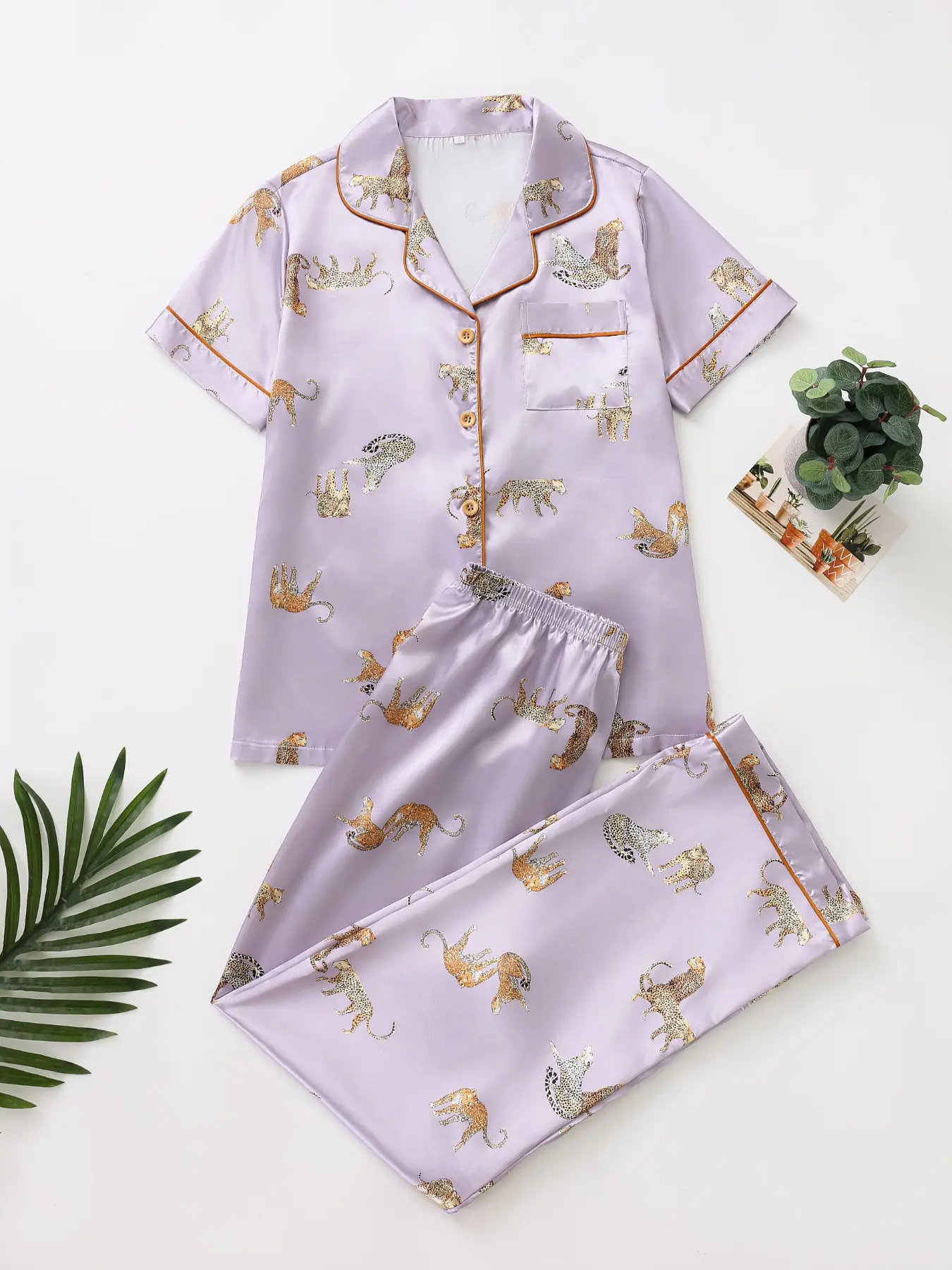 2-Piece Luxury Satin Pajama Set, Soft Animal Print, Short Sleeve Long Pants, Breathable Summer Sleepwear, Cozy Afternoon Tea