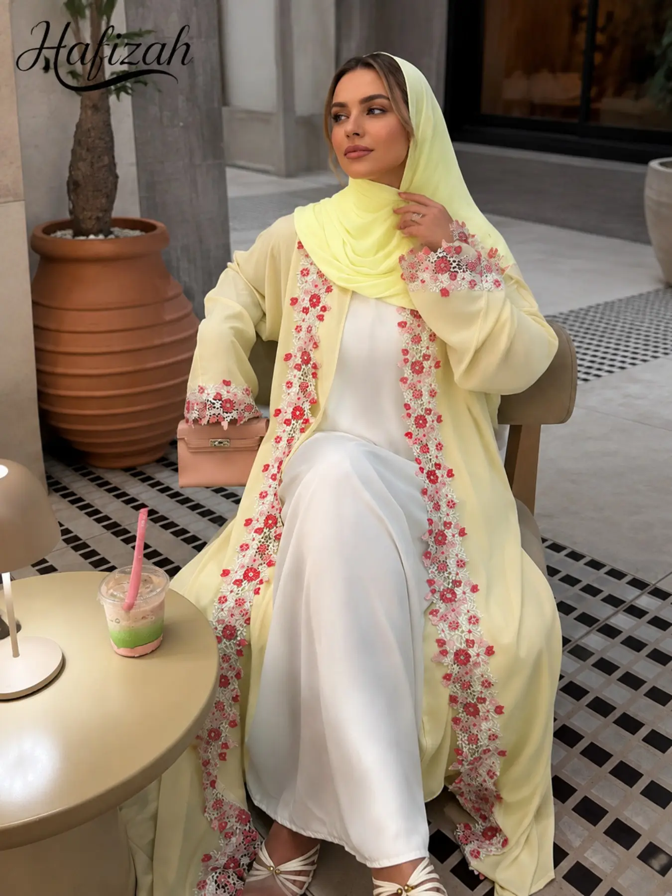 Hafizah Luxury Floral Lace Open Abaya for Women | Elegant Butterfly Yellow Dubai Style Kimono Cardigan Modest Muslim Outerwear