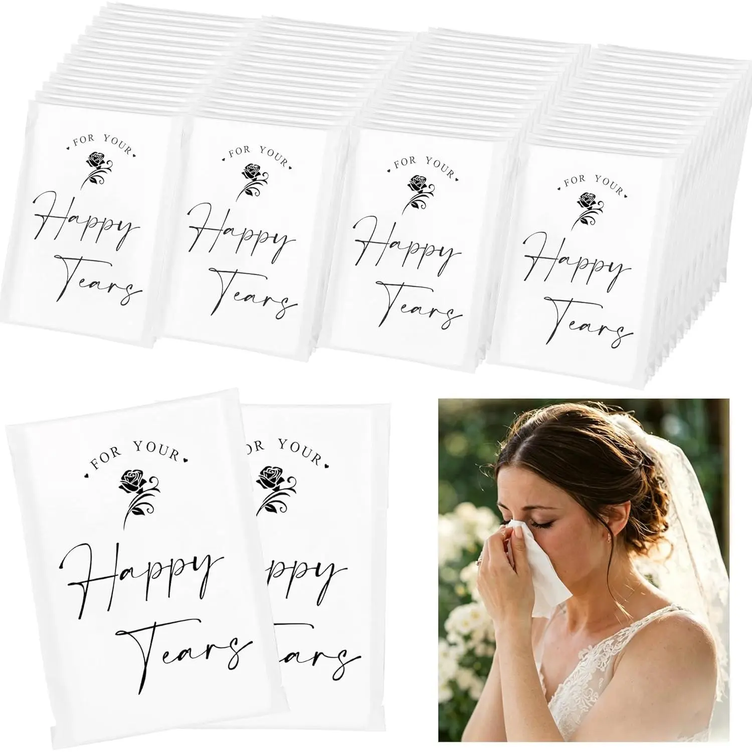48 Packs Wedding Happy Tears Tissues, Individually Wrapped | 3 Soft 3-Ply Facial Sheets in Each Pouch, Ideal for Guests at Ceremonies, Receptions, Bridal Showers and Parties