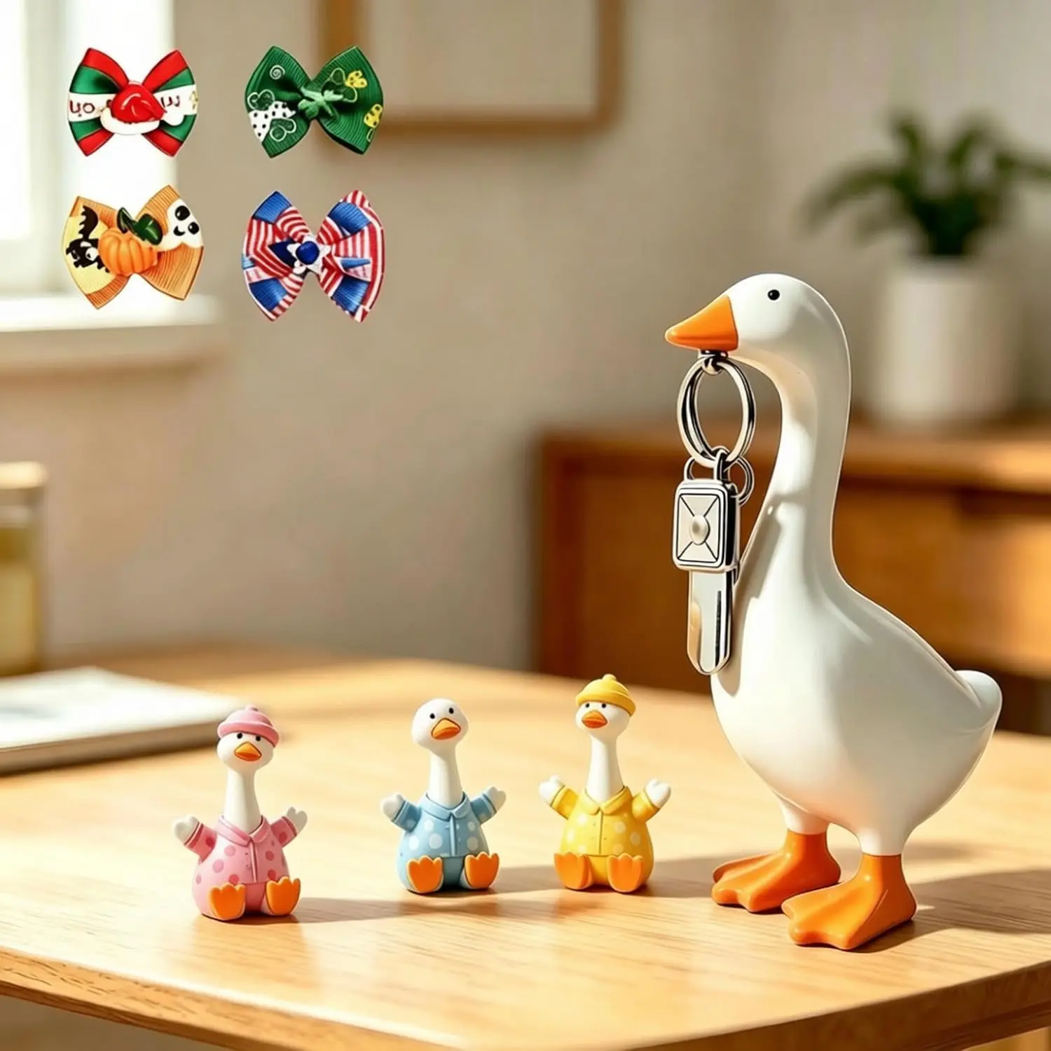 8 count Accessories 7 inch Desk Goose Key Holder with 3 Colorful Mini Goose 4 Bow Ties Festaval,8 Packs Desk Goose Kit  Statue, Funny Figurines