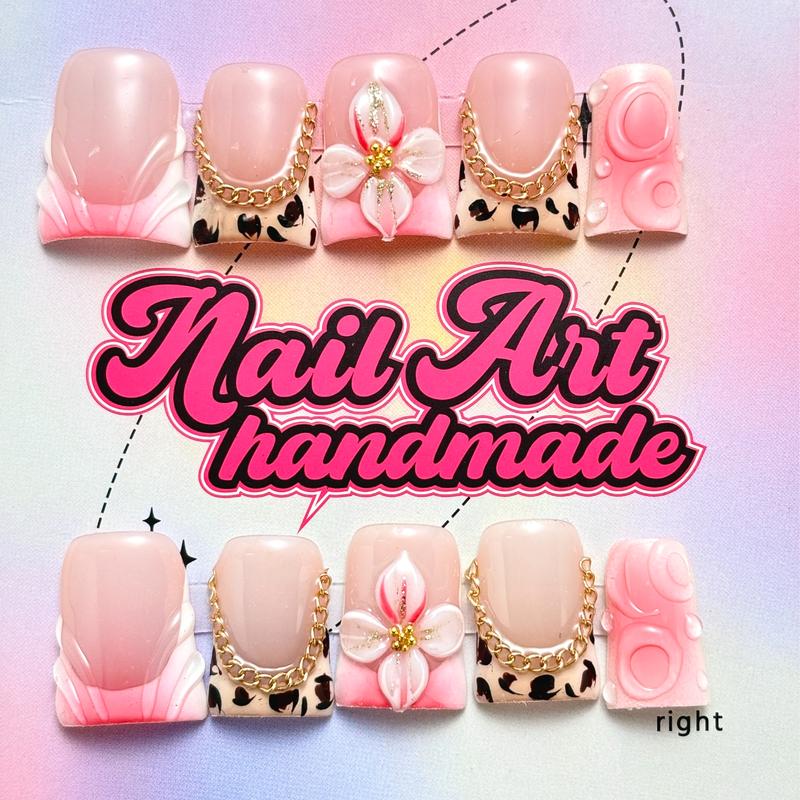 Flower Decor Fake Nails, 10pcs/set Fashion Handmade Reusable Nails Press on Nails for Women & Girls Diy Nail Art, Elegant Stick on Nails Kit