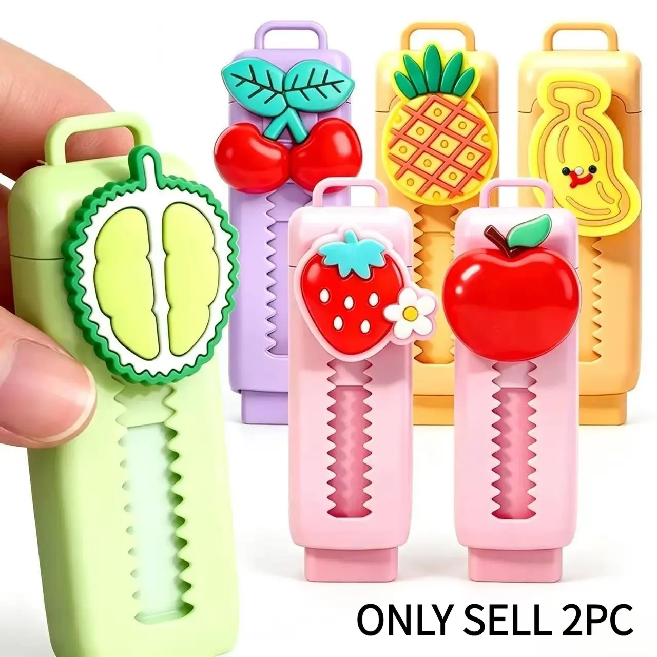 Cute Fruit Erasers 2 Pack, School Office Supplies, Push-Pull Design, Non-Sticky, Clean Erase, No Marks, Random Colors