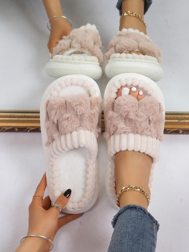 Women's Solid Color Fluffy Plush Slippers, Casual Soft Comfortable Home Slippers, Fuzzy House Slippers, Warm Slippers for Indoor & Outdoor Use for Fall & Winter