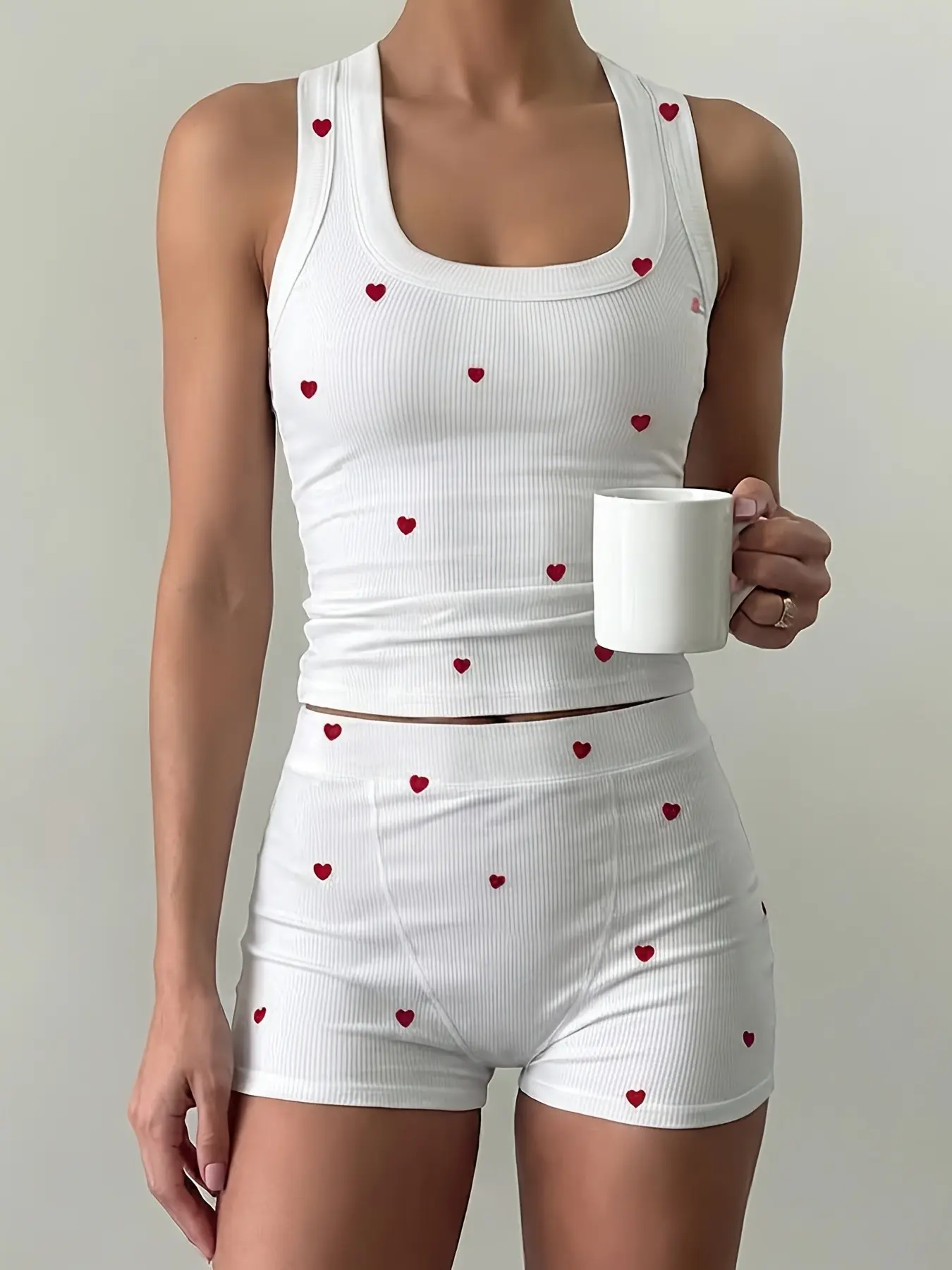Women's 2-Piece Sleepwear Set, Tank Top and Heart Print Ribbed Shorts, Comfortable Nightwear for Women, Cozy Loungewear Set, Heart Pajama Set