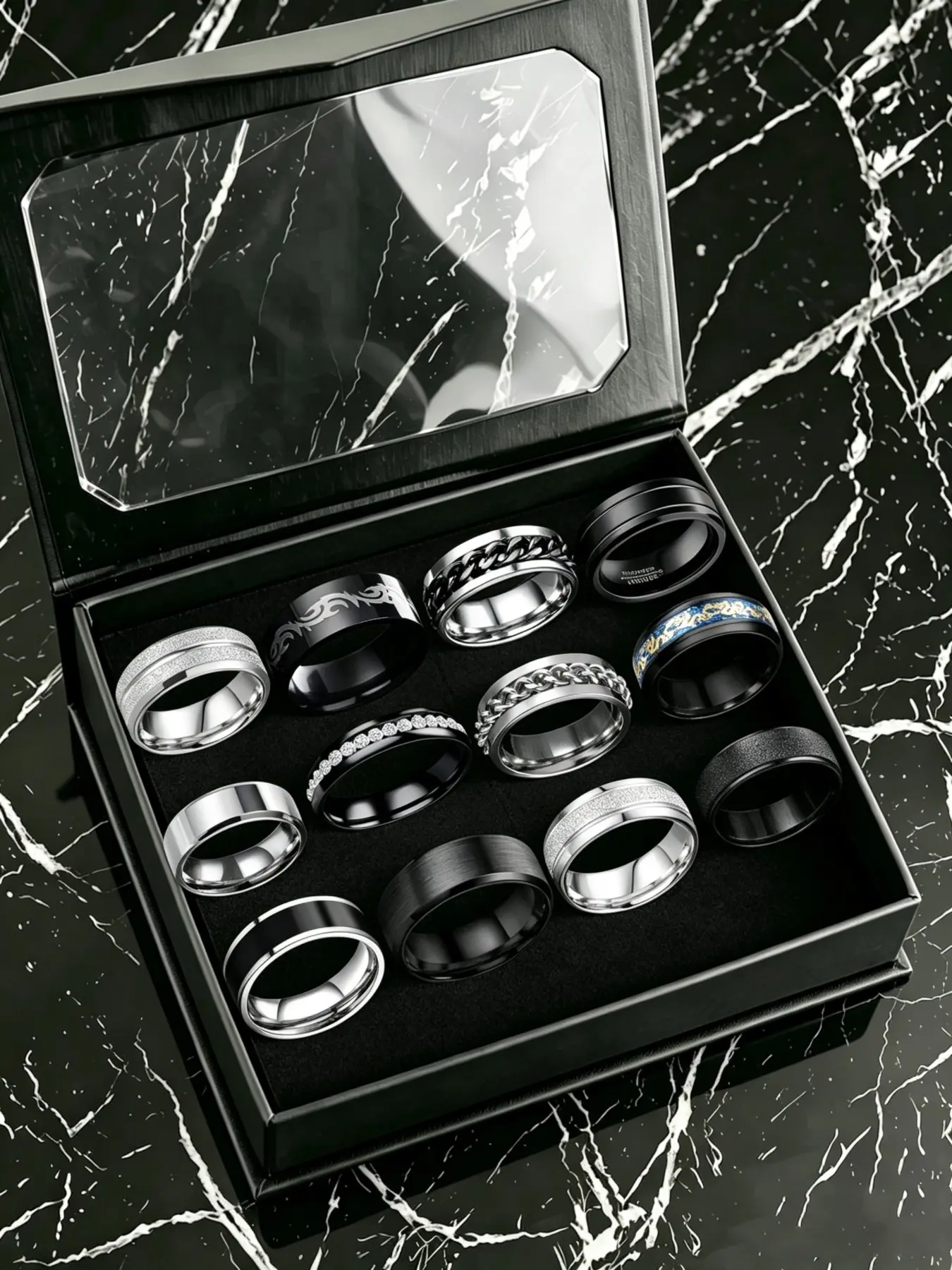Men's Stainless Steel Punk Style Ring Set, Punk Style Fashion Rings, Cross-Line Texture Chain-Design Ring, Polished & Sandblasted Metal Rings, Stackable Finger Rings for Casual Party and Vacation Wear