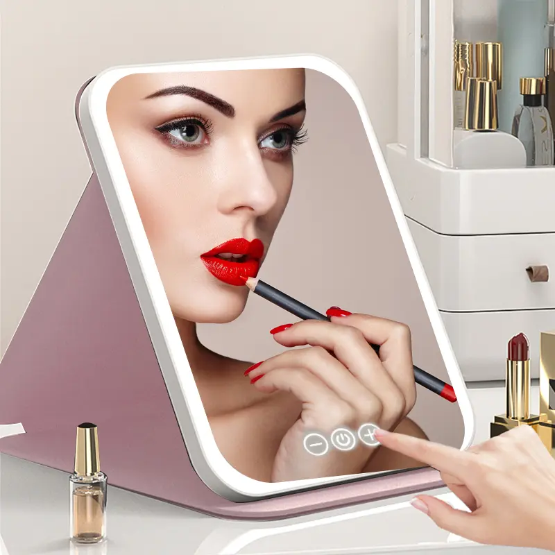 Portable LED Makeup Mirror - 3 Color Dimmable Lighting, Adjustable Angle, Foldable Stand, USB Rechargeable Compact Cosmetic Mirror for Women’s Birthday & Anniversary Gifts
