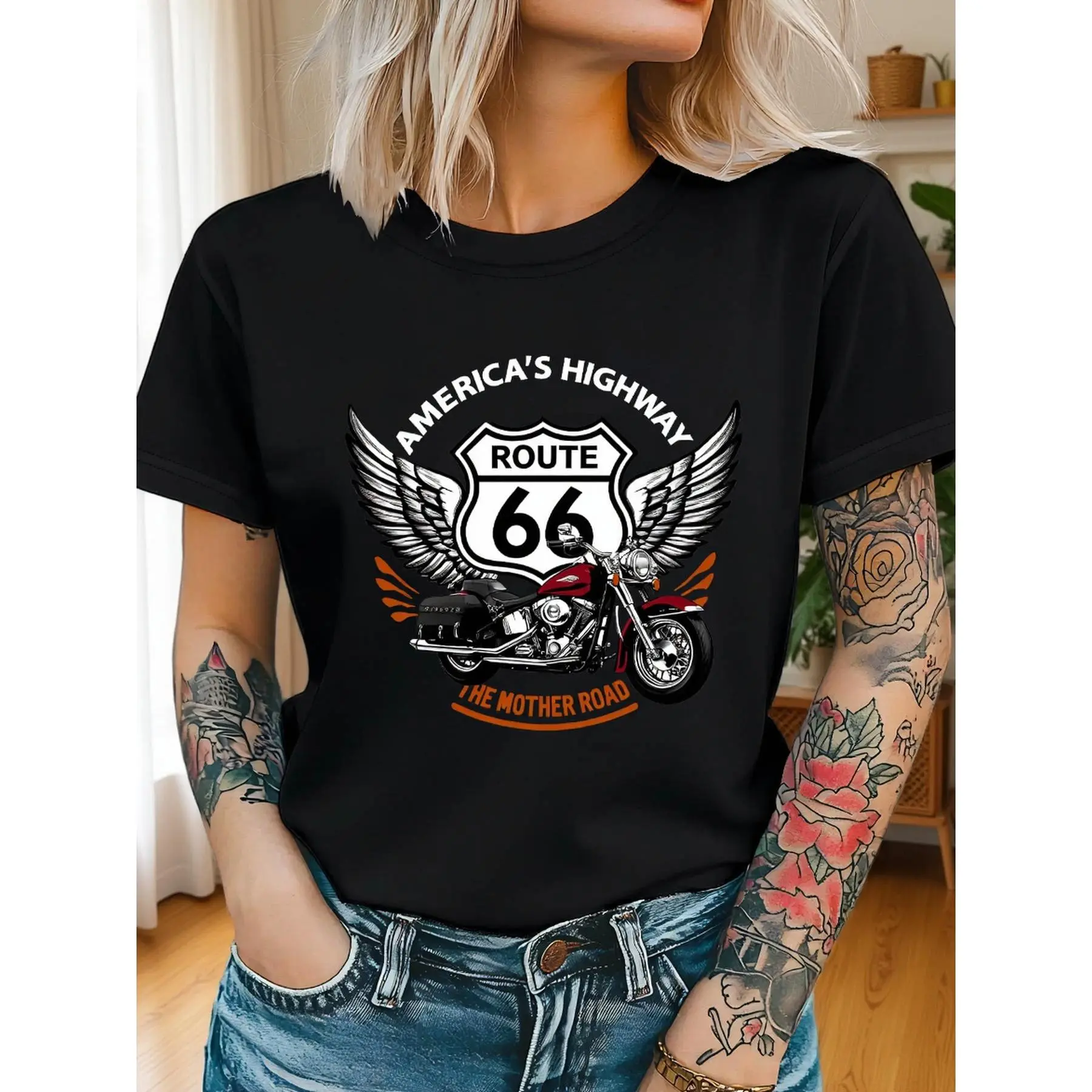 100% CottonAMERICA S HIGHWAY ROUTE 66 THE MOTHER ROAD Letter Print T-Shirt, Short Sleeve Crew Neck Casual Top for Summer & Spring, Women'S Clothing