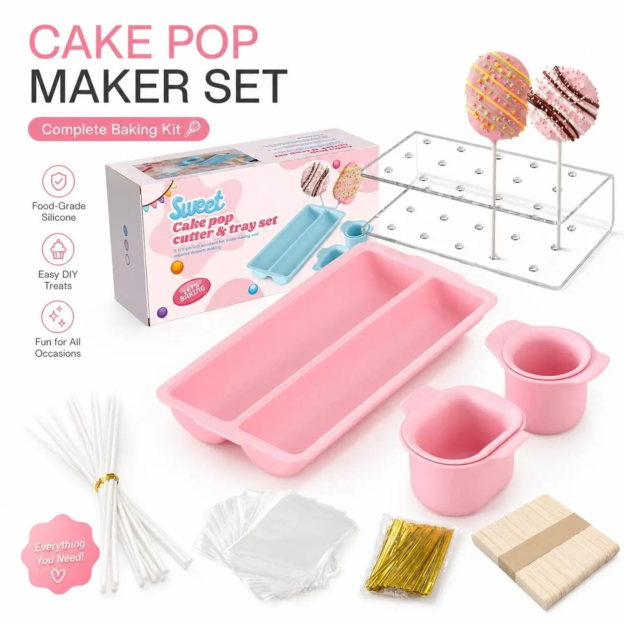 Cake Pop Maker Set, Complete Baking Kit with Silicone Molds, Acrylic Stand, Sticks & Bags, DIY Cake Pops, Party Desserts and Treats