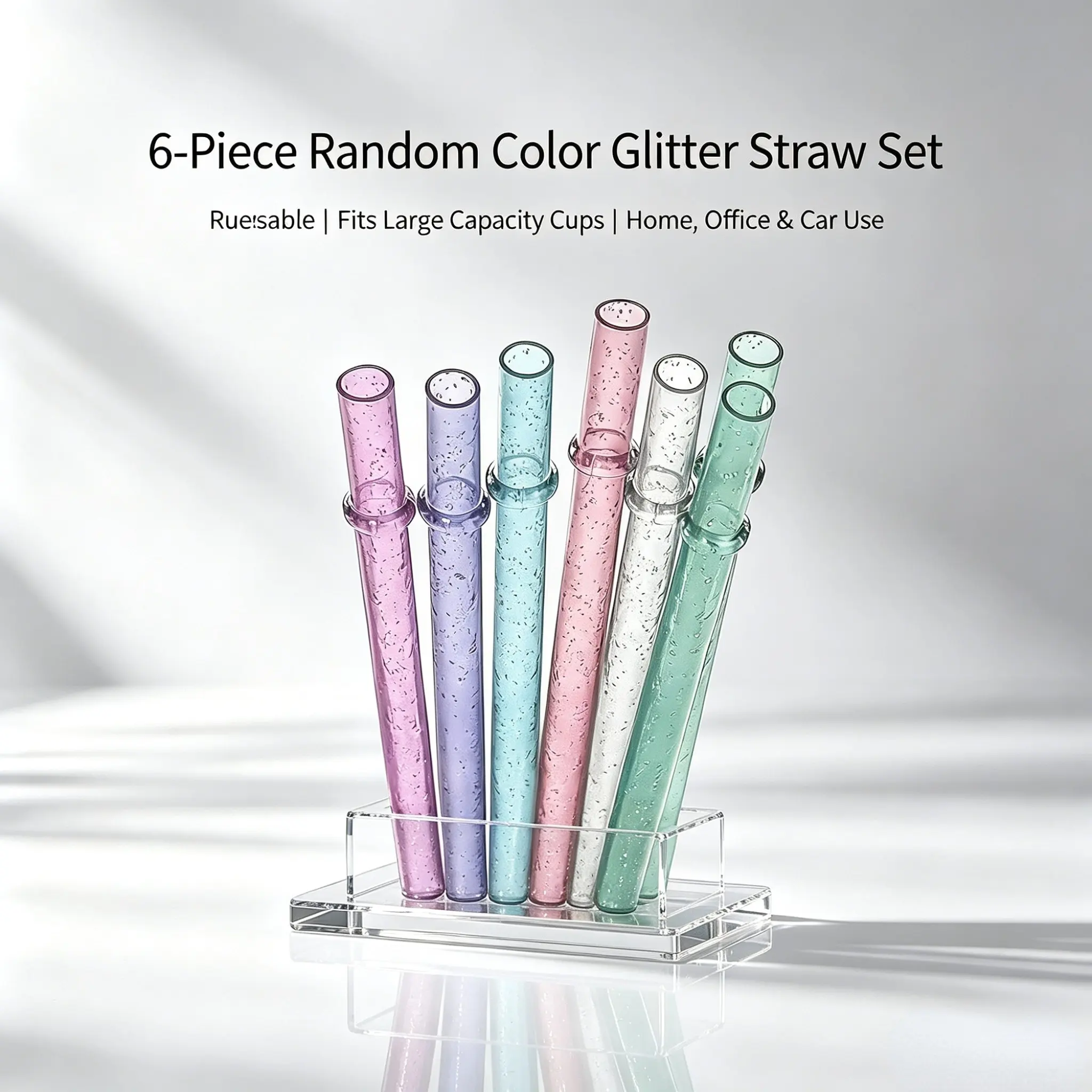 6-pack colored glitter straws, random colors, washable hard straws with clips to prevent falling, replacement straws for office or car water cups, Reusable Straw