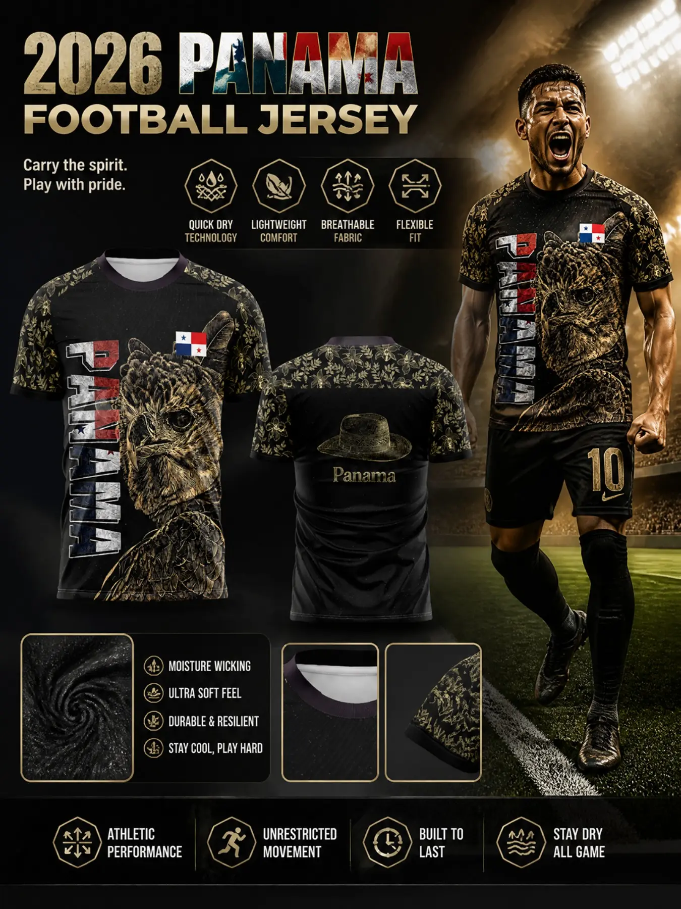 Panama National Football Team Men's Jersey, Gold Owl Floral Design, Quick-Dry Breathable Fabric, Sporty Short Sleeve T-Shirt, Quick Drying Tops