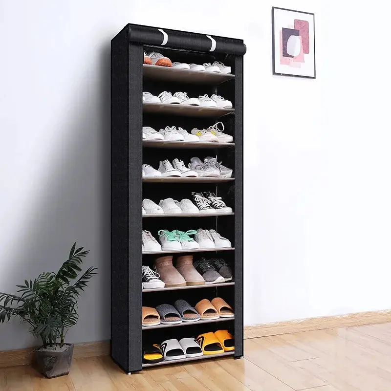 SICANDAENHK 9-Tier Stackable Shoe Rack with Cover, Steel Pipe Large Capacity Shoe Storage Holder, Space-Saving Home Organizer for Sneakers, Boots, Apartment Entryways, 9 Levels Shoe