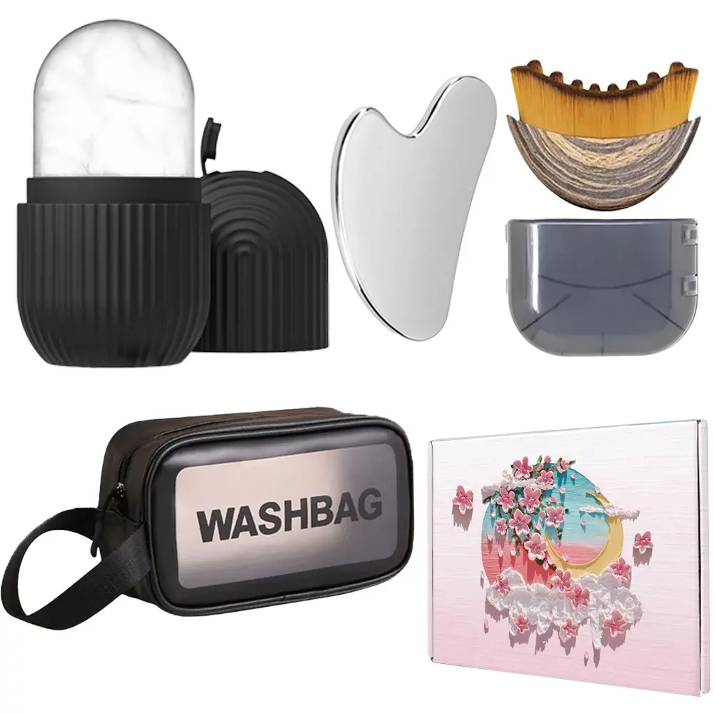 Silicone Ice Roller Set, Facial Massage Brush, Stainless Steel Gua Sha Board, Storage Bag, Lymph Drainage, Pore Tightening, Pain Relief, Facial Care Tools