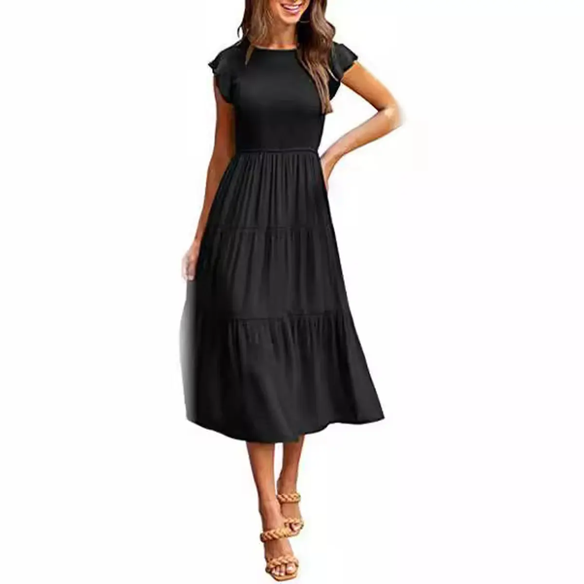 Women's Summer Flutter Short Sleeve Smocked Midi Dress Casual Solid Color Crewneck Shirred Bodice Tiered A-Line Flowy Elegant High Waist Pleated Modest Dresses for Work Commute Vacation Beach Boho Sundress Outfit