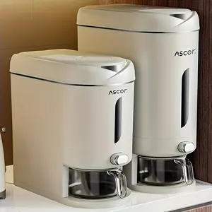 Large Automatic Rice Dispenser with Outlet & Measuring Cup, Flip-Top Sealed Insect-Proof Grain Storage Bin, Thick Plastic Food Container, Off-White for Home & Commercial Use