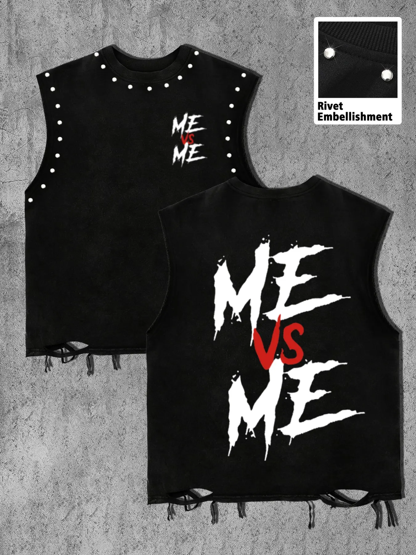 Men's Vintage Washed Baggy Sleeveless Tank Top, Rivet Decorated Frayed Hem, Me Vs Me Letter Print Punk Street Round Neck Ripped Vest