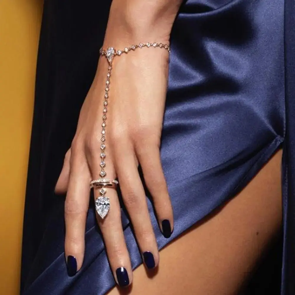Geometric Rhinestone Finger Bracelet with Integrated Leaf Zirconia, Trendy Accessory