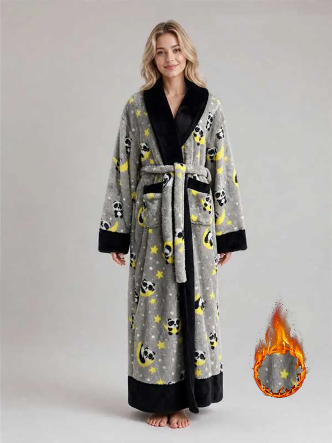 Women's Cute Cartoon Panda Print Fuzzy Robe with Pockets, Long Over-Knee Bathrobe, Thick Flannel Comfortable Home Wear, Fall Winter Sleepwear