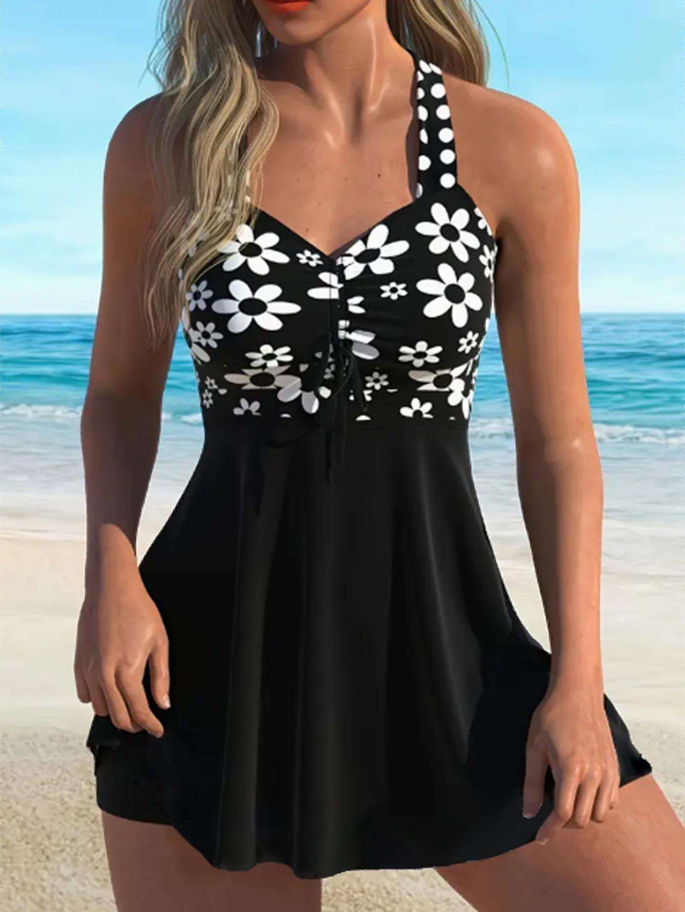 Women's Paisley Print Swimdress - Ruched Front Tankini Set with Polka Dot Straps for Modest Beach & Vacation (Multiple Colors)