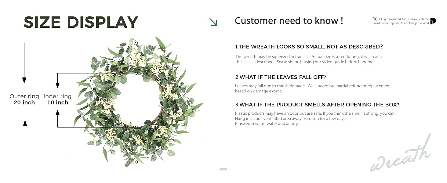 Pinkpum 20'' Eucalyptus Wreath for Front Door, Porch, Window - Green Decor for Home, Farmhouse - Spring, Summer, Fall, All Seasons