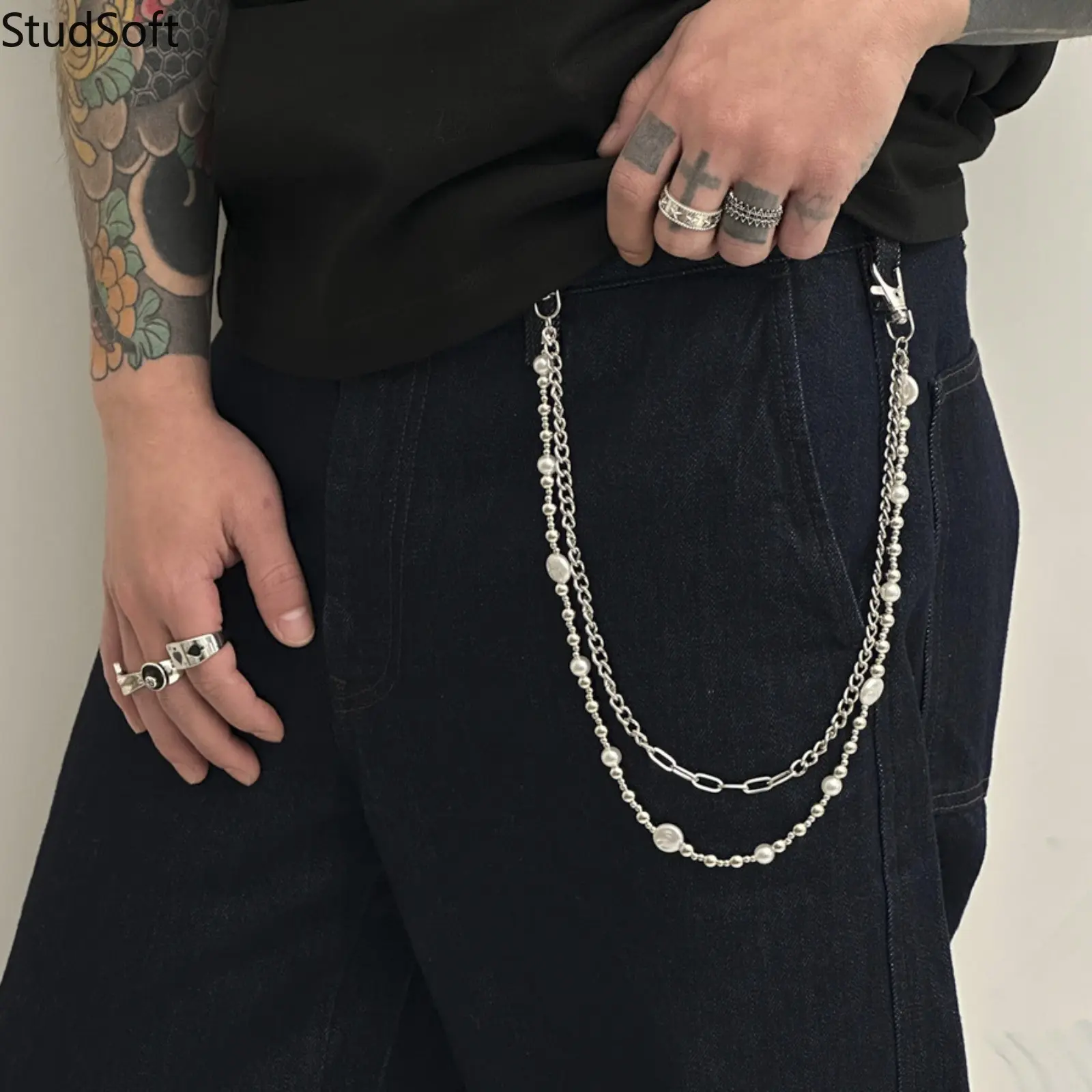 Silver Pants Chain for Men Women Double Layer Jeans Wallet Chain with Pearl Asymmetric Metal Disc Paperclip Link Pocket Belt Chains Punk Jewelry