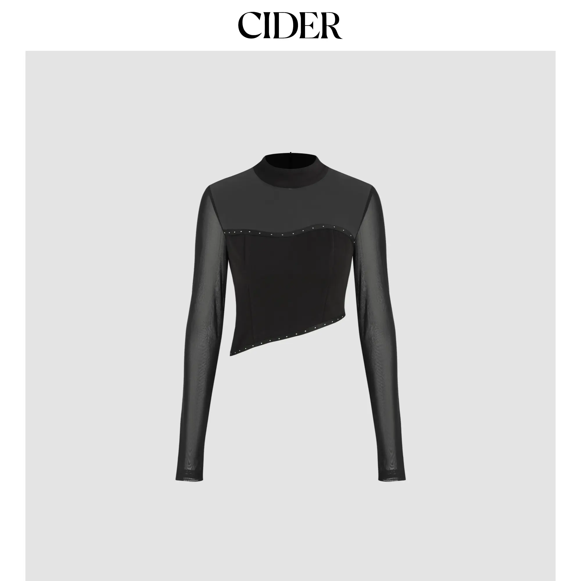 Cider [size 2-10] Mesh Stand Collar Asymmetrical Rivet Patched Long Sleeve Top SummerFinds
