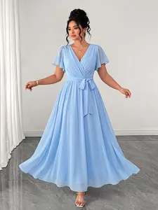 Plus Size Women's Solid A-Line Dress, Ruffle Sleeve Lightweight Flowy, Tie Waist Accentuate Curves, Elegant for Parties, Dates, Weddings