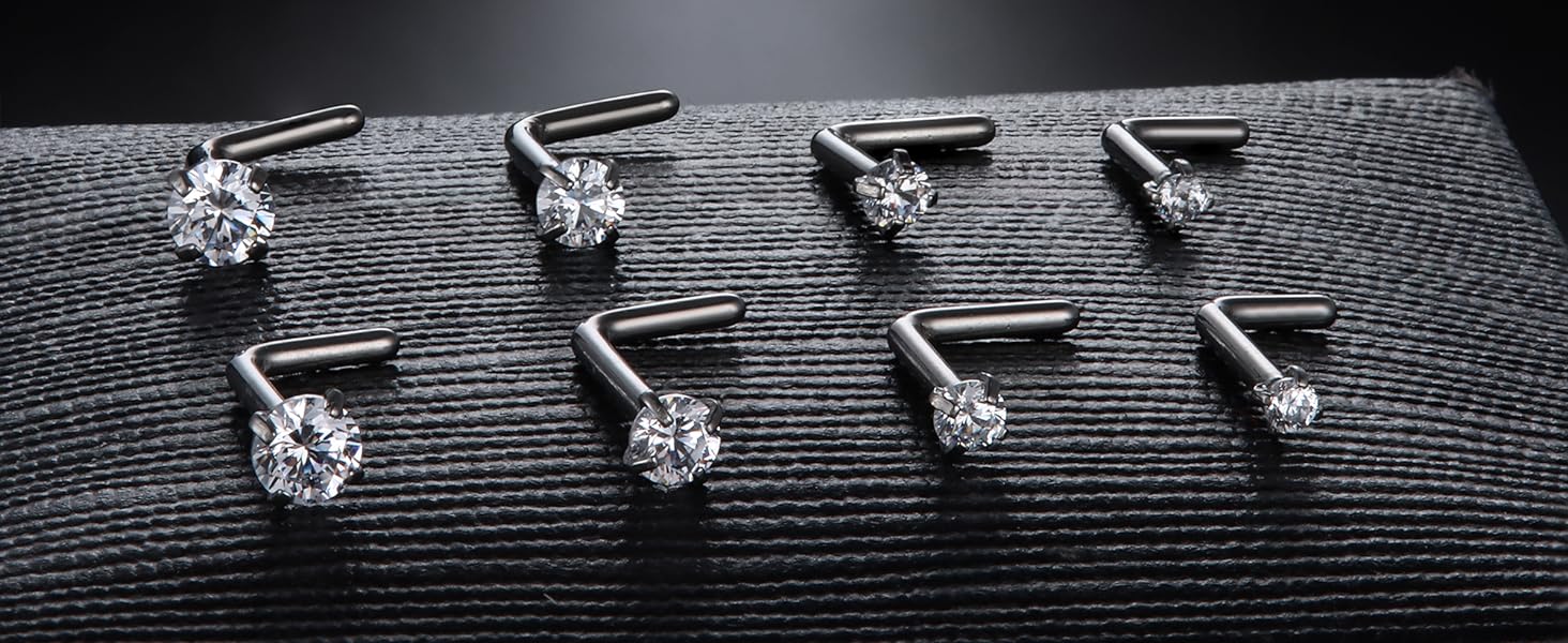 LOYALLOOK 8counts Nose Rings Studs Titanium Nose Rings 20G/18G Corkscrew Nose Ring L Shape Nose Studs Diamond CZ Silver Gold Nose Screw Rings Studs Hypoallergenic Nose Piercing Jewelry 1.5mm 2mm 2.5mm 3mm Gauge Size Trendy Modern Fashion